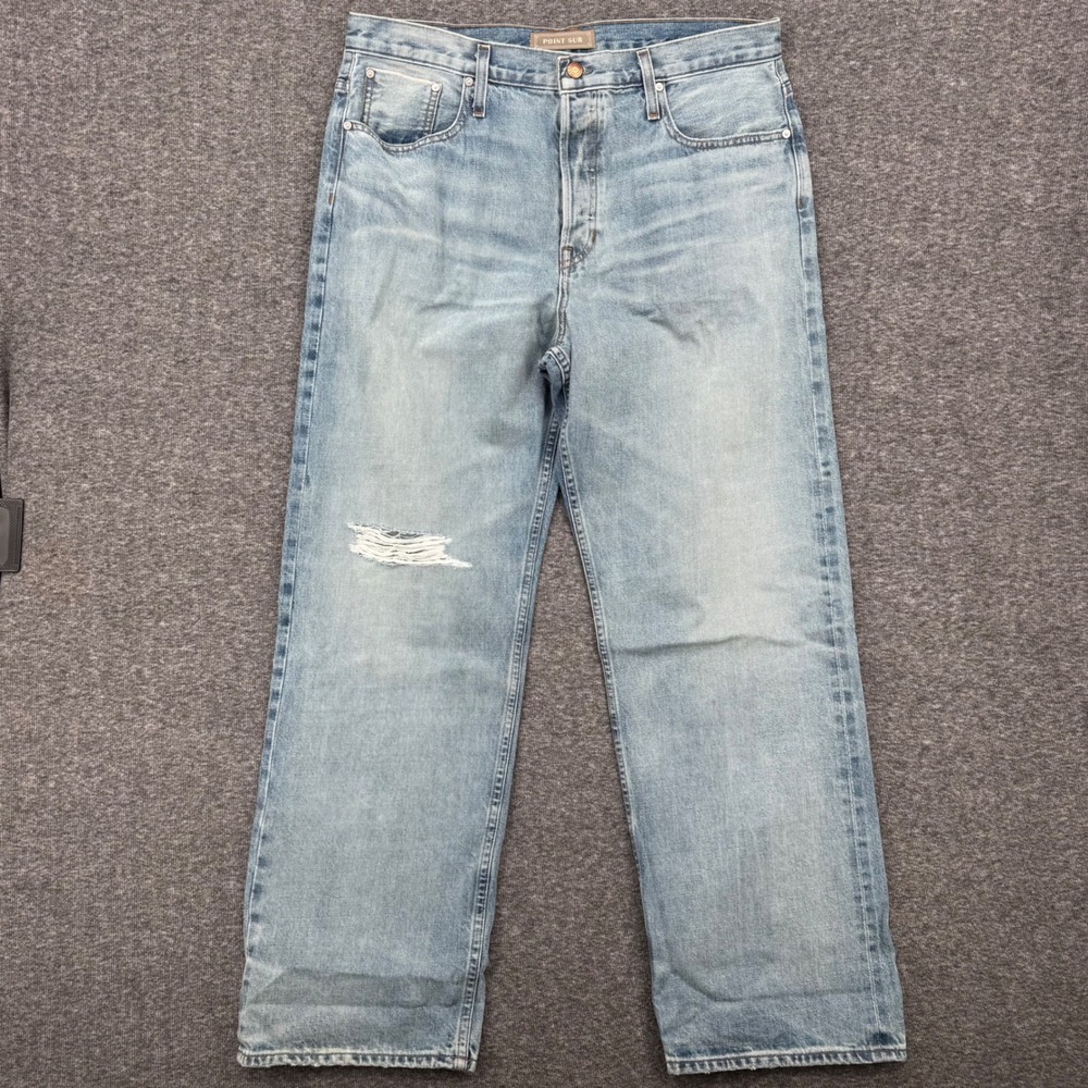 Point Sur Denim Mens 32 Straight‎ Leg Jeans Light Wash Distressed Button Fly USA